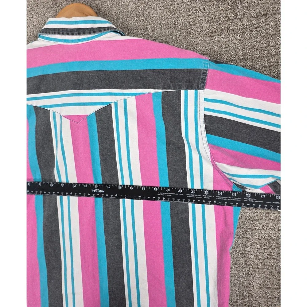 Vintage Wrangler Brushpopper Mens Western Shirt Pink Striped X-Long Tails 17x36 - Picture 9 of 10